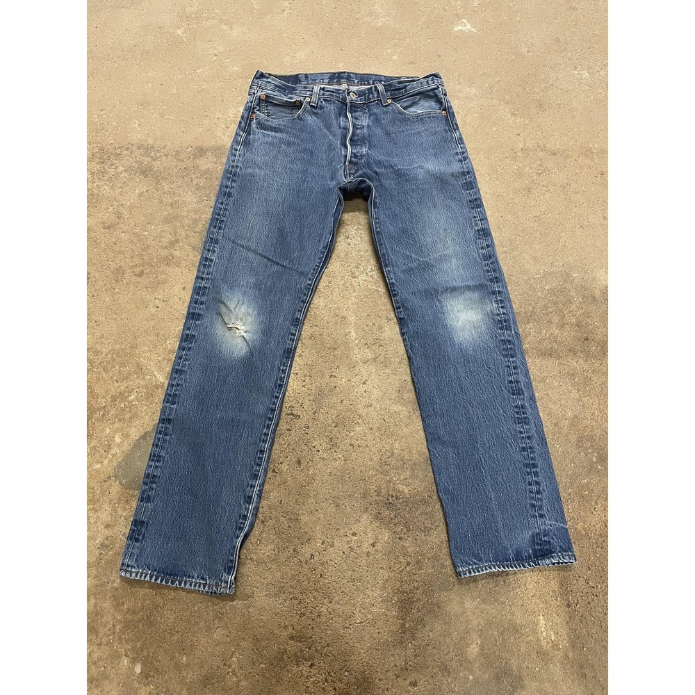 Levis 501 Jeans Mens 36x32 Medium Wash Blue Straight Leg Button Fly Distressed